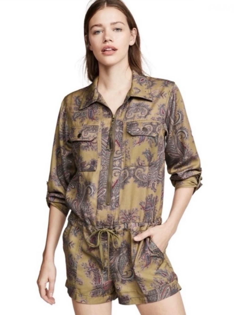 Pam & Gela Paisley Lyocell Utility Romper Olive Green